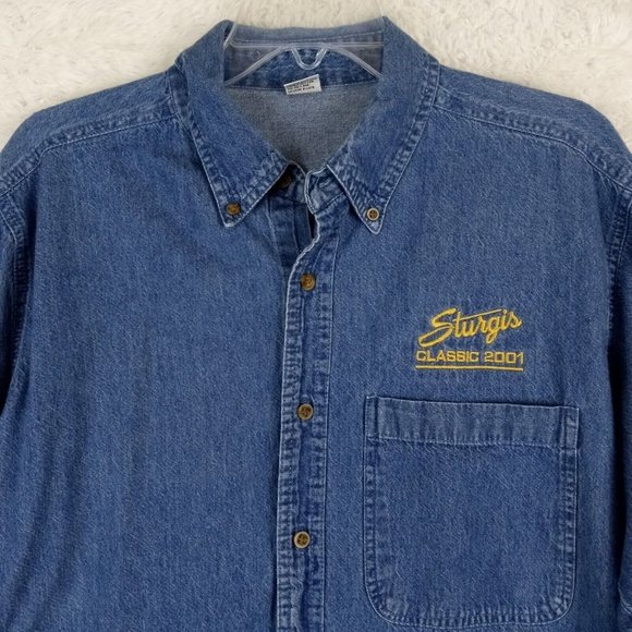Vintage Sturgis 2001 Mens Shirt Button Down Denim Blue Embroidered Pockets Large - Picture 3 of 12